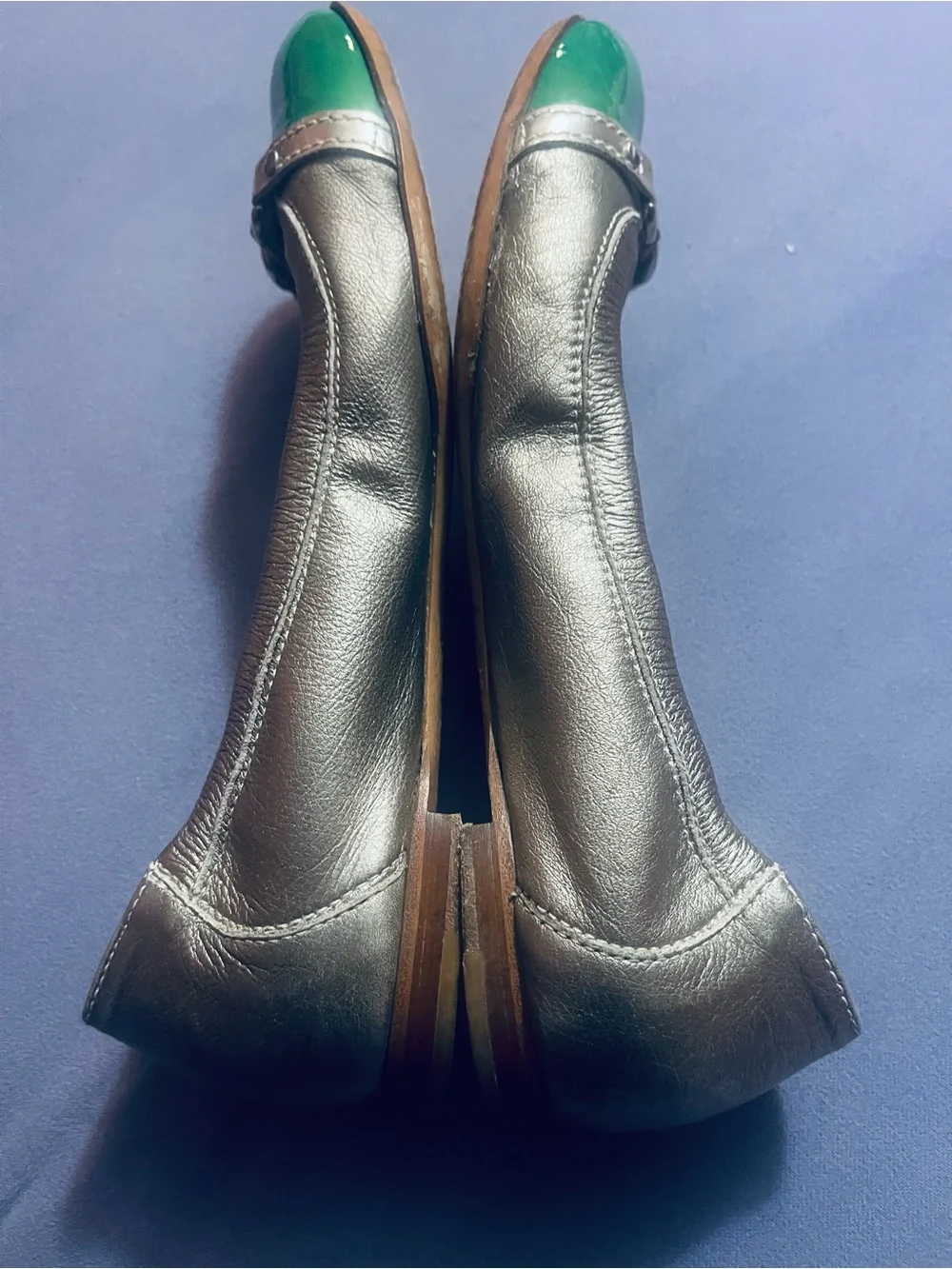 Attilio Giusti Leombruni Metallic Taupe Flats with Green Patent Toe